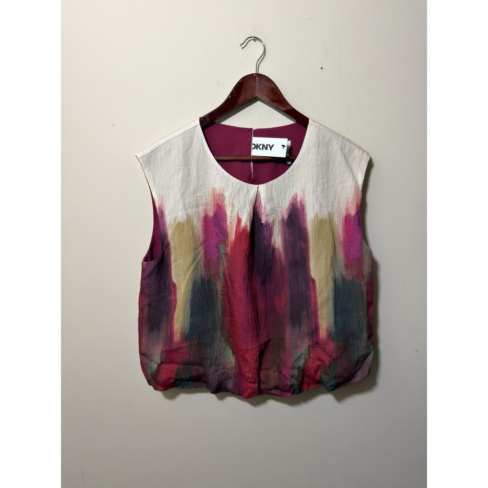 NWT DKNY Bubble Hem Brushstroke Round Neck Sleeveless Blouse Size M $89